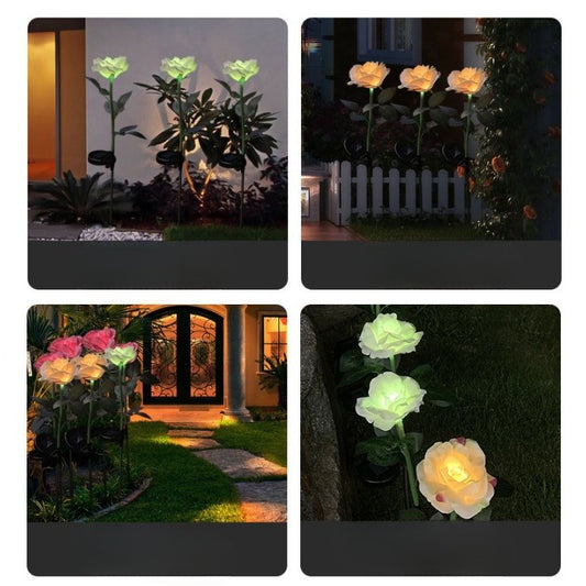 Lampa Solara LED Decorativa, Tip Trandafir cu O Floare, Senzor de Lumina si Tarus pentru Gradina, Rezistenta la Apa IP65, Plastic, 75 cm, Alb Cald