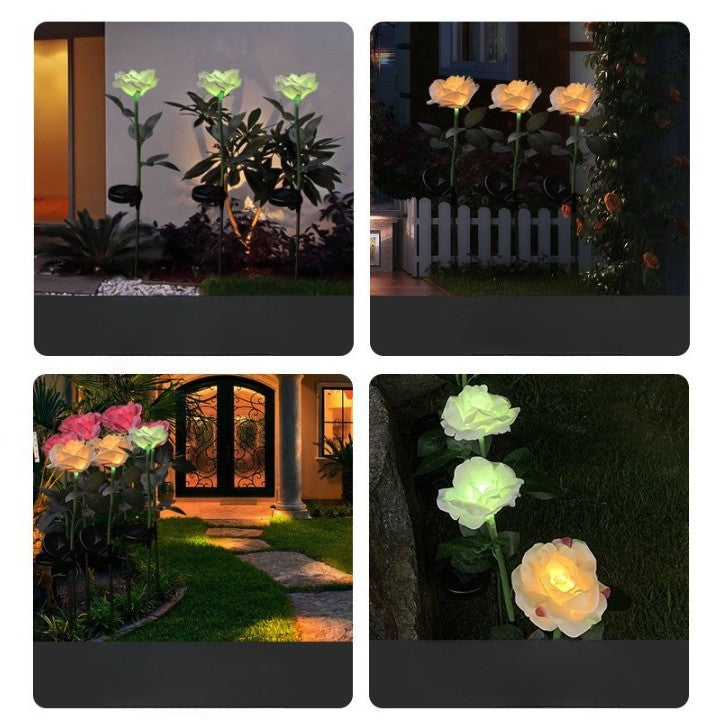 Lampa Solara LED Decorativa, Tip Trandafir cu O Floare, Senzor de Lumina si Tarus pentru Gradina, Rezistenta la Apa IP65, Plastic, 75 cm, Alb Cald