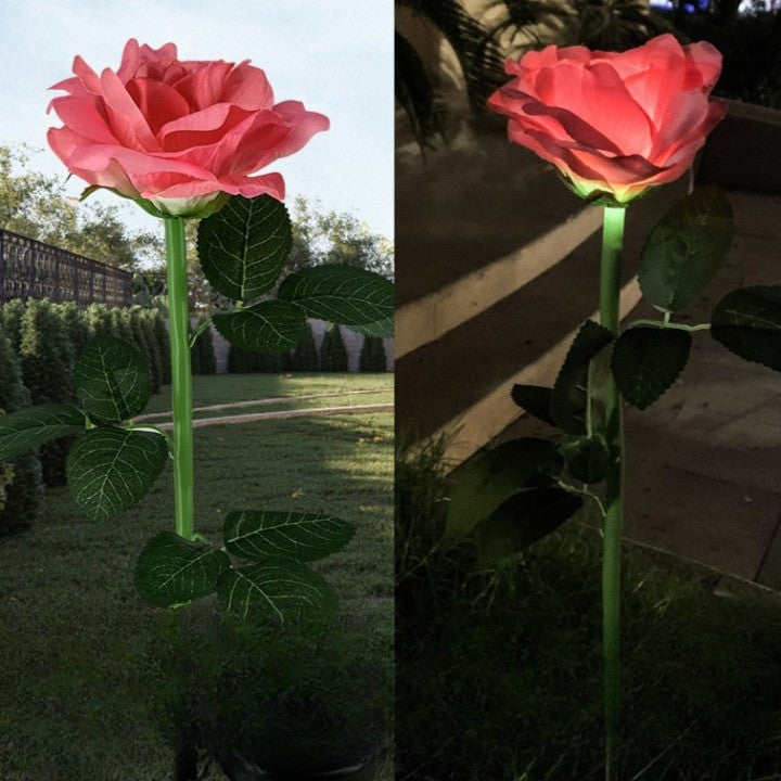 Lampa Solara LED Decorativa, Tip Trandafir cu O Floare, Senzor de Lumina si Tarus pentru Gradina, Rezistenta la Apa IP65, Plastic, 75 cm, Alb Cald