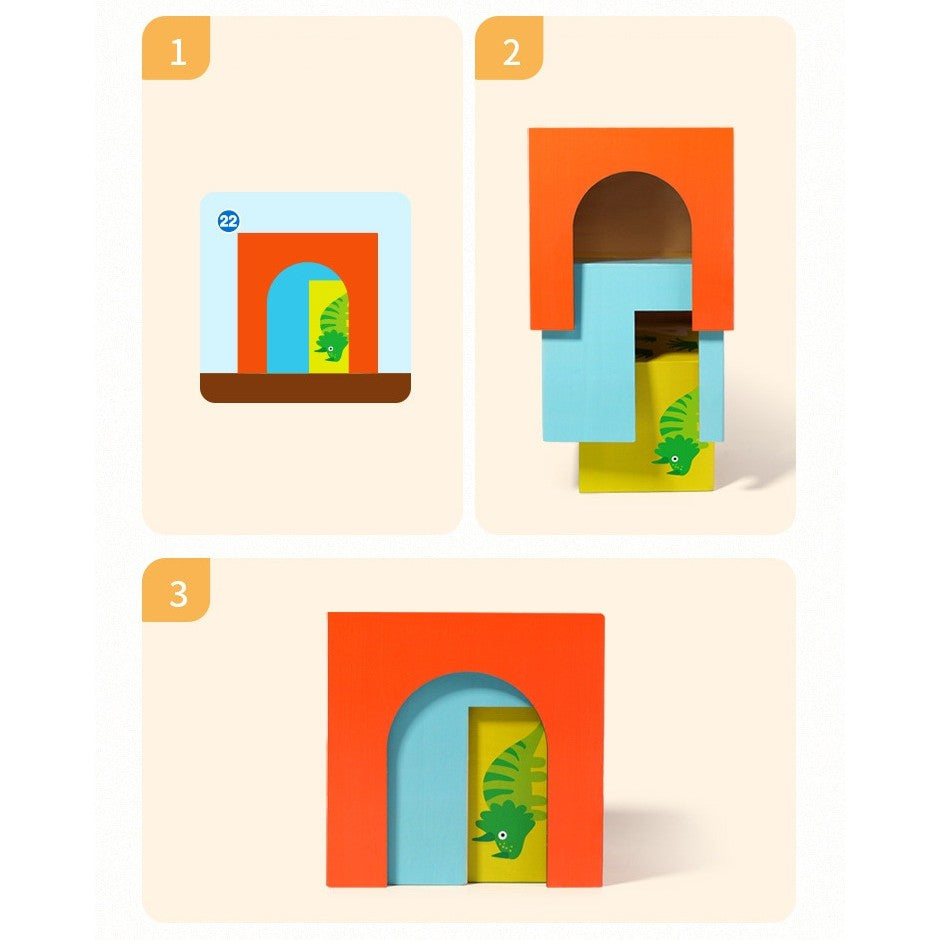 Jucarie de Construit Puzzle Box, Blocuri Stivuibile Educative, 48 de Modele, Lemn, 4-6 Ani, 5 Cuburi, Multicolor, 12.8 cm