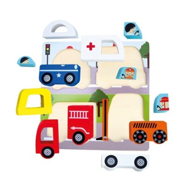 Jucarie Montessori, Puzzle 3D din Lemn, Model Vehicule si Masini, Educativ si Interactiv, Multicolor, 3 Ani+, 18 x 18 x 1.5 cm