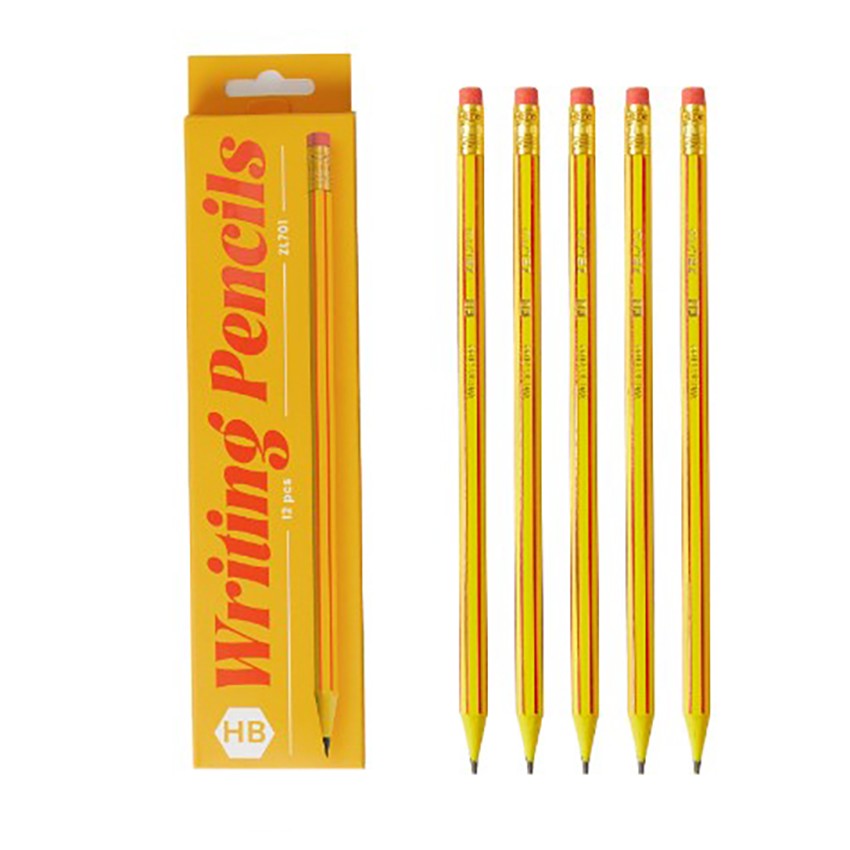 Set 12 Creioane Grafit HB cu Radiera, Creioane Negre pentru Scoala si Desen, Corp Lemn, Model Portocaliu-Rosu, 19 cm, 12 Bucati