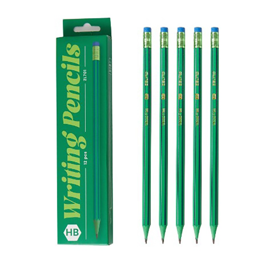 Set 12 Creioane Grafit HB cu Radiera, Creioane Negre pentru Scoala si Birou, Lemn, Model Verde-Albastru, 19 cm, 12 Bucati