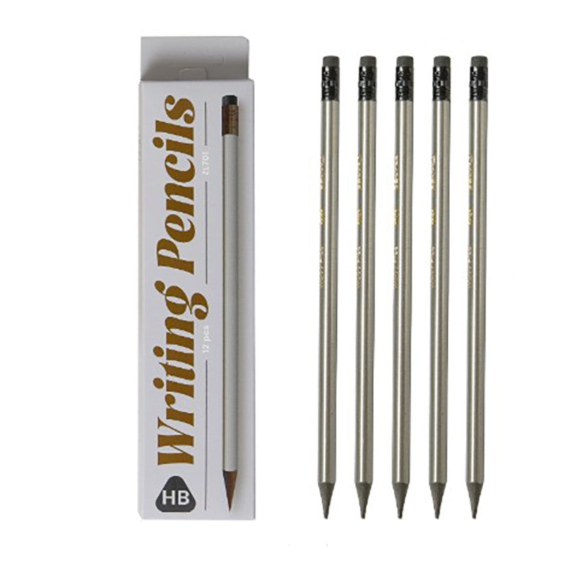 Set 12 Creioane Grafit HB, Ideale pentru Scoala si Desen, Corp cu Radiera Inclusa, Model Gri, Lemn, 19 cm