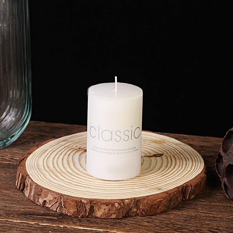 Lumânare Decorativă Cilindrică, Fără Fum și Fără Parfum, Ardere Curată 36h, Parafină, 5 x 7.5 cm, 130 g, Ivory Alb