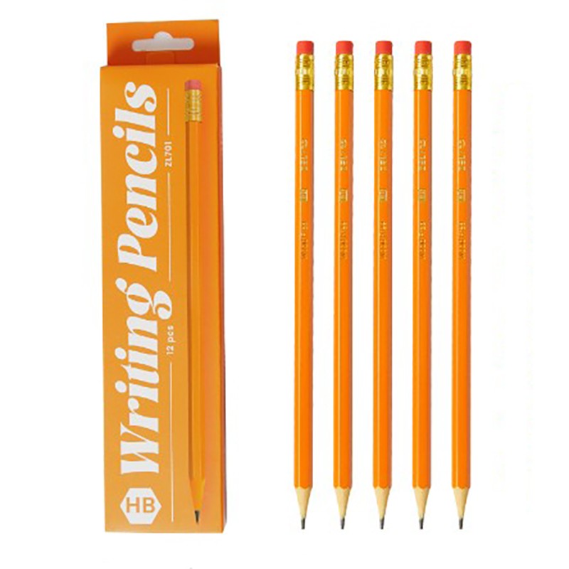 Set 12 Creioane Grafit HB cu Radiera, Creioane Negre pentru Scoala si Desen, Model Portocaliu, 19 cm, Set 12 Bucati