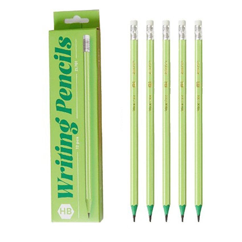 Set 12 Creioane Grafit HB cu Radiera, Creioane Negre pentru Scoala, Lemn, Model Verde, 19 cm