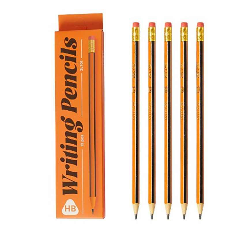 Set 12 Creioane Grafit HB cu Radiera, Creioane Negre pentru Scoala si Birou, Lemn, Model Portocaliu-Negru, 19 cm