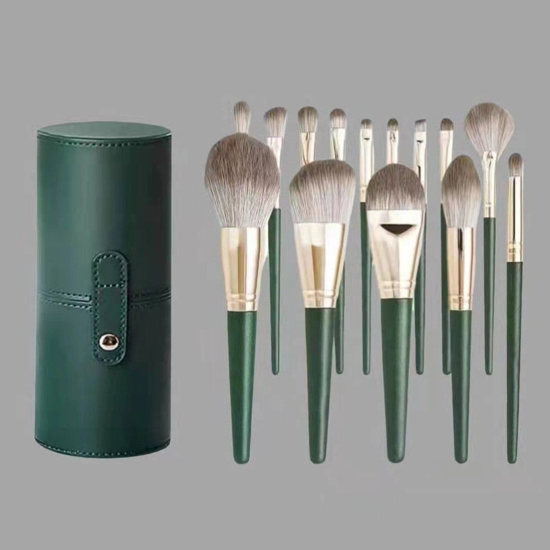 Set 14 Pensule Machiaj Profesionale cu Peri Moi, Kit Complet pentru Ten si Ochi, Suport de Depozitare Inclus, Verde, 15 Piese