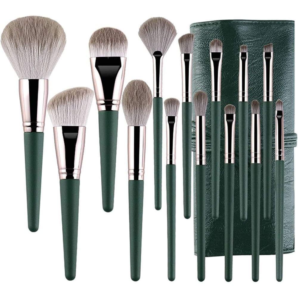 Set 14 Pensule Machiaj Profesionale cu Peri Moi, Kit Complet pentru Ten si Ochi, Suport de Depozitare Inclus, Verde, 15 Piese
