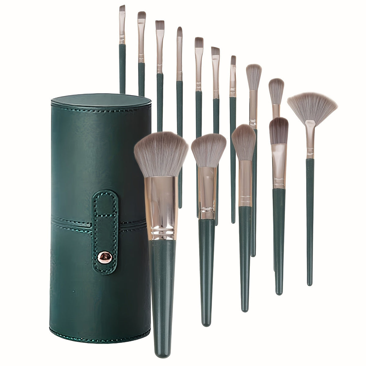 Set 14 Pensule Machiaj Profesionale cu Peri Moi, Kit Complet pentru Ten si Ochi, Suport de Depozitare Inclus, Verde, 15 Piese