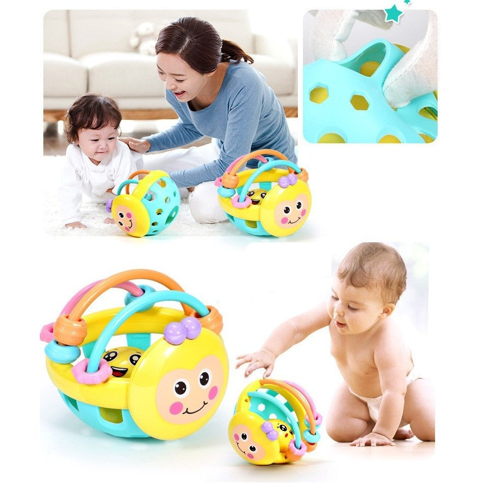 Minge Interactiva pentru Bebelusi, Jucarie pentru Dentitie cu Zornaitoare, Stimulare Senzoriala, Cauciuc Moale si Plastic ABS, 0-12 Luni, Galben-Multicolor