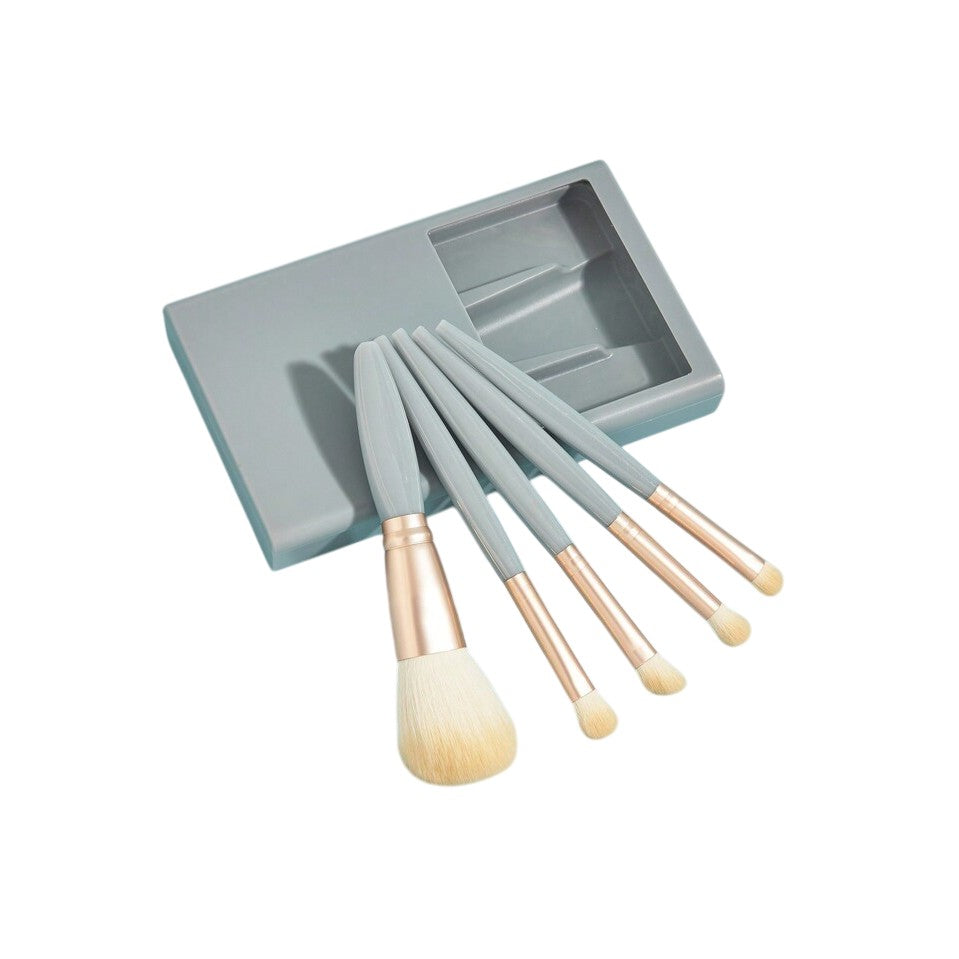 Set 5 Pensule Machiaj cu Peri Moi, Suport pentru Depozitare si Oglinda Integrata, Design Ergonomic, Albastru