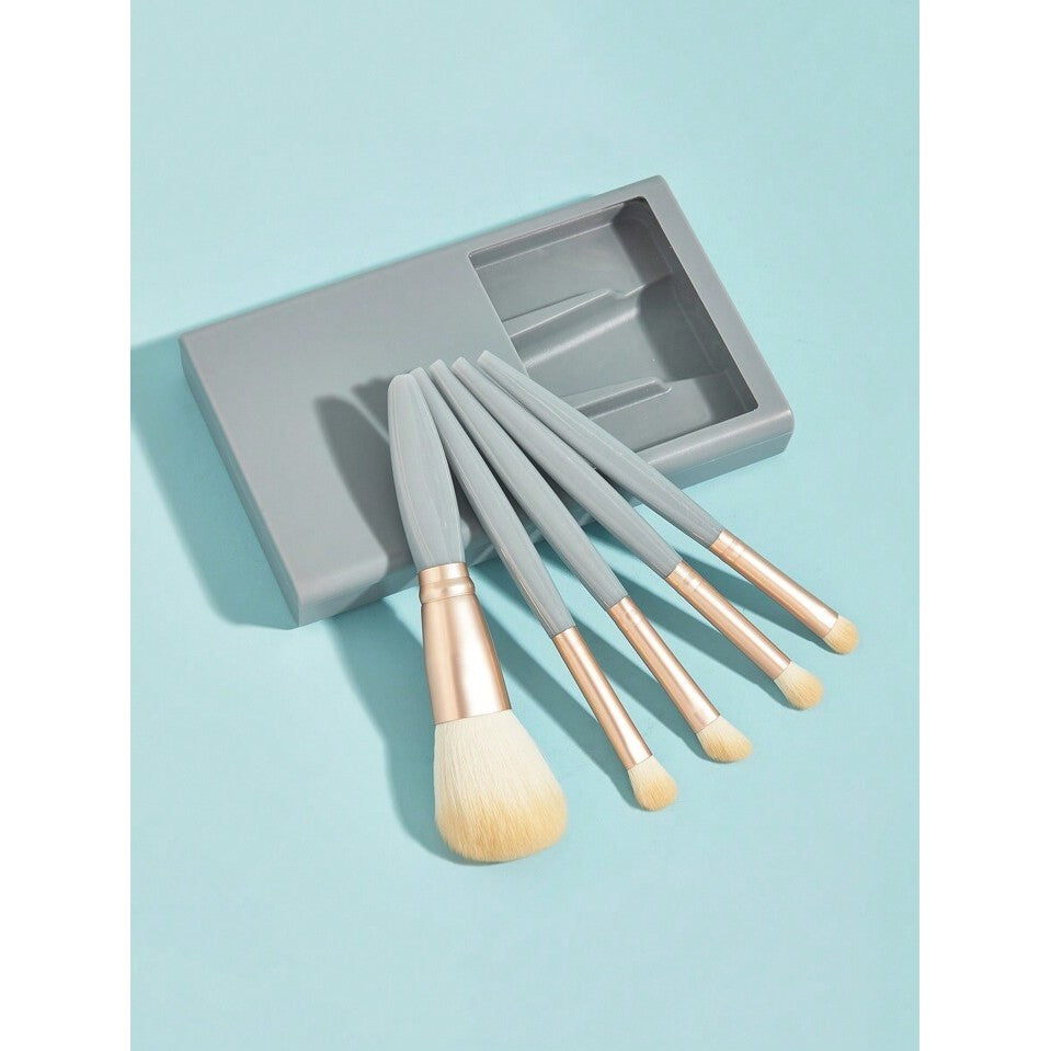 Set 5 Pensule Machiaj cu Peri Moi, Suport pentru Depozitare si Oglinda Integrata, Design Ergonomic, Albastru