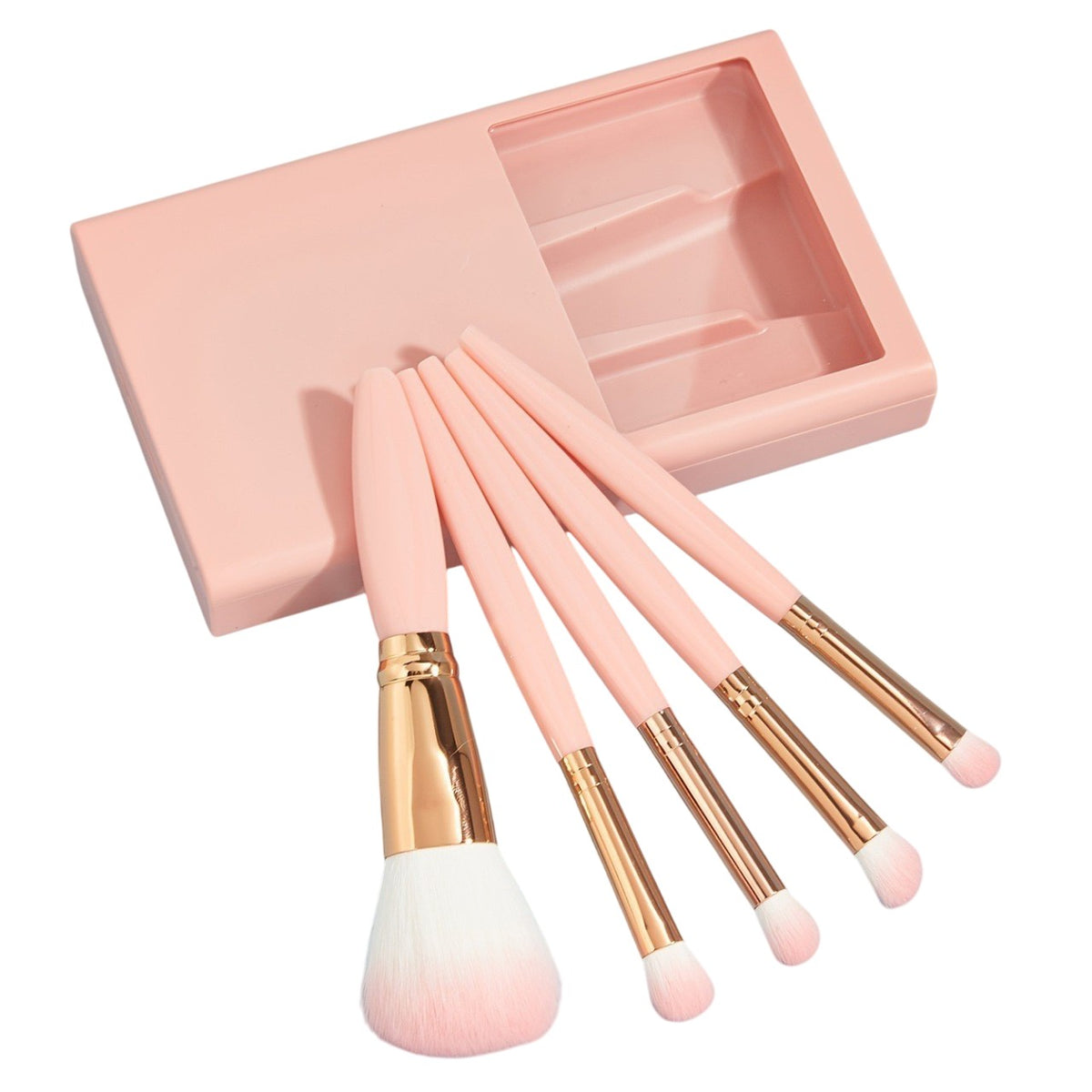 Set 5 Pensule Machiaj cu Peri Moi, Kit Complet pentru Fond de Ten si Fard, Suport Depozitare cu Oglinda Inclusa, Roz