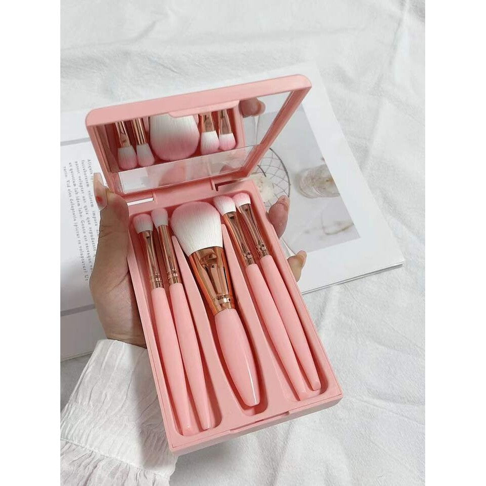 Set 5 Pensule Machiaj cu Peri Moi, Kit Complet pentru Fond de Ten si Fard, Suport Depozitare cu Oglinda Inclusa, Roz