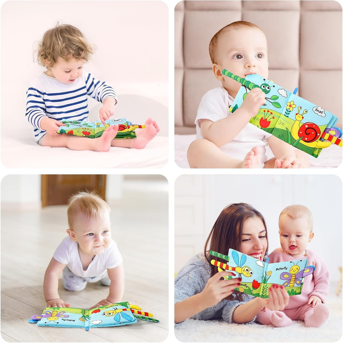 Carte Senzoriala pentru Bebelusi, Animale 3D cu Sunete si Fosnete, Educativa si Interactiva, Material Moale Lavabil, 0-3 Ani, Model Buburuza, 15x16x4 cm, Multicolor