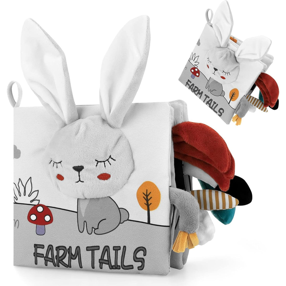 Carte Senzoriala Pentru Bebeluși, Animăluțe 3D Cu Sunete Și Foșnete, Material Textil Lavabil, Educație Timpurie 0-3 Ani, Model Iepuraș, 15x16x6 cm, Gri