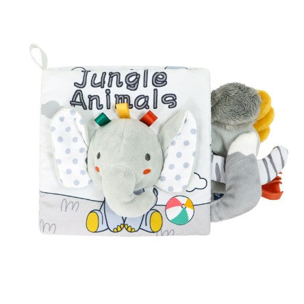 Carte Senzoriala pentru Bebelusi, Animalute 3D cu Sunete si Fosnete Interactive, Material Textil Lavabil, 0-3 Ani, Model Elefantel, Gri, 15x16x6 cm