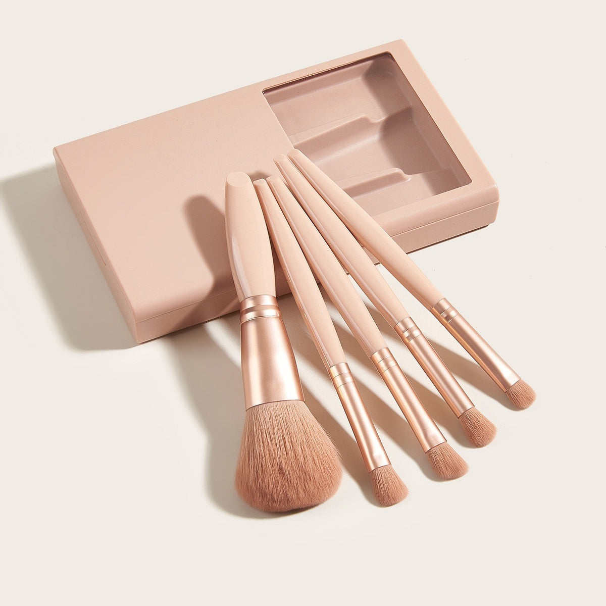 Set 5 Pensule Machiaj cu Peri Moi, Kit Profesional pentru Fond de Ten si Fard, Carcasa Depozitare cu Oglinda Inclusa, Roz Pal