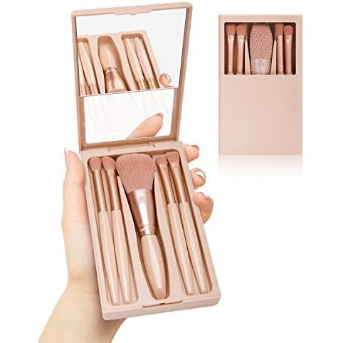 Set 5 Pensule Machiaj cu Peri Moi, Kit Profesional pentru Fond de Ten si Fard, Carcasa Depozitare cu Oglinda Inclusa, Roz Pal