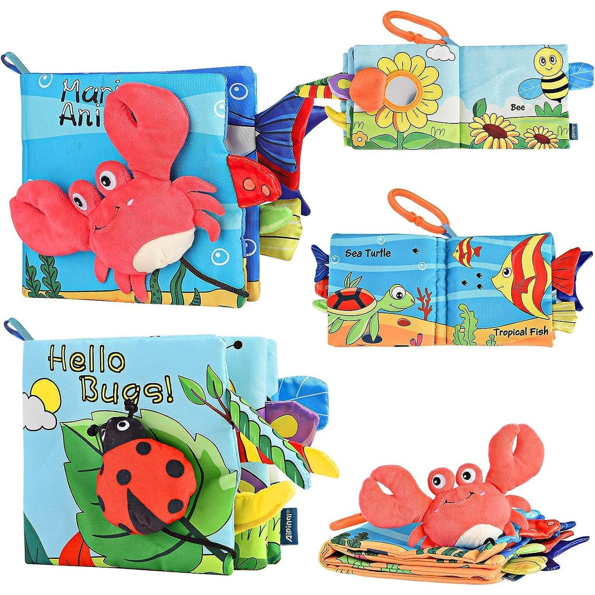 Carte Senzoriala pentru Bebeluși, Animăluțe 3D cu Sunete și Foșnete, Material Textil Lavabil, Model Crab, 0-3 Ani, 15x16x4 cm, Multicolor