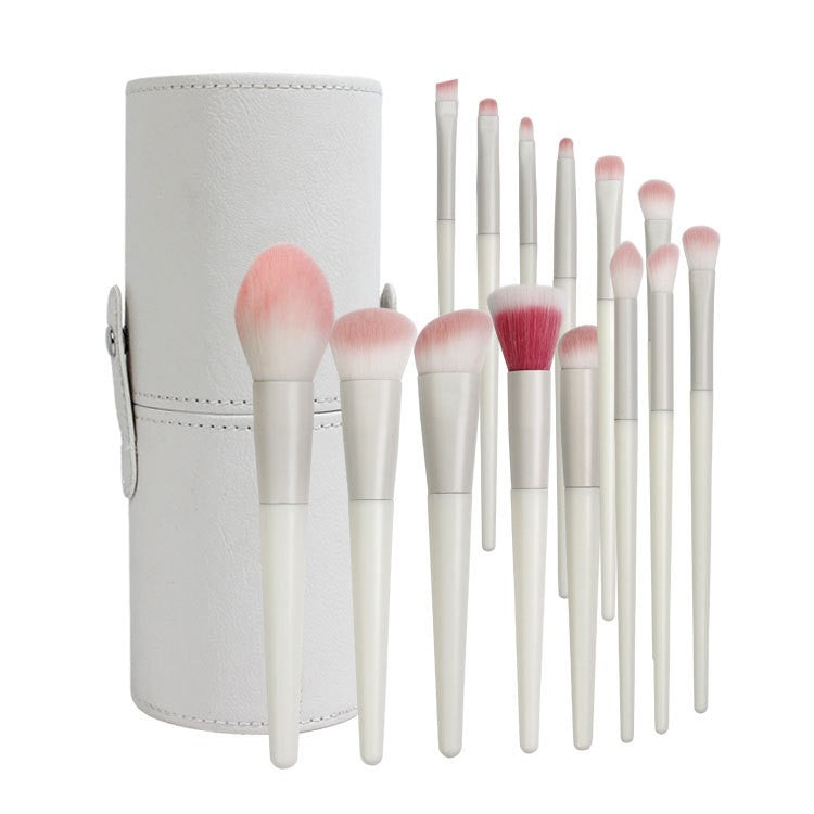 Set 14 Pensule Machiaj cu Peri Moi, Kit Complet Aplicare Fond de Ten si Fard, Suport Depozitare Inclus, Design Ergonomic, Bej