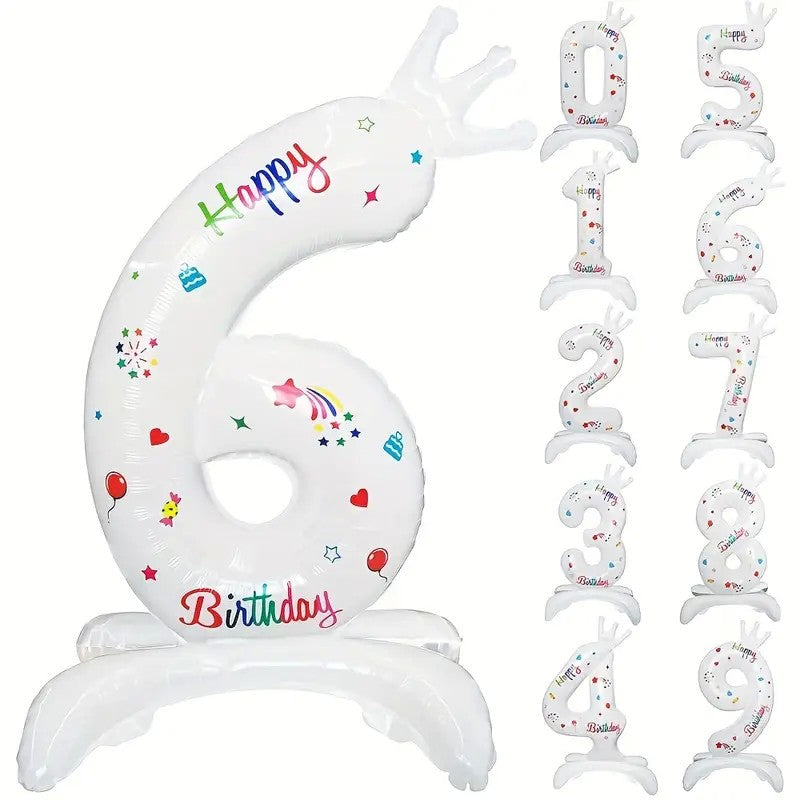 Balon din Folie Metalizata, Figurina Cifra 6 cu Mesaj Happy Birthday, Decoratiune Aniversare Party, Umflare Aer sau Heliu, Include Pai, 81 cm, Alb