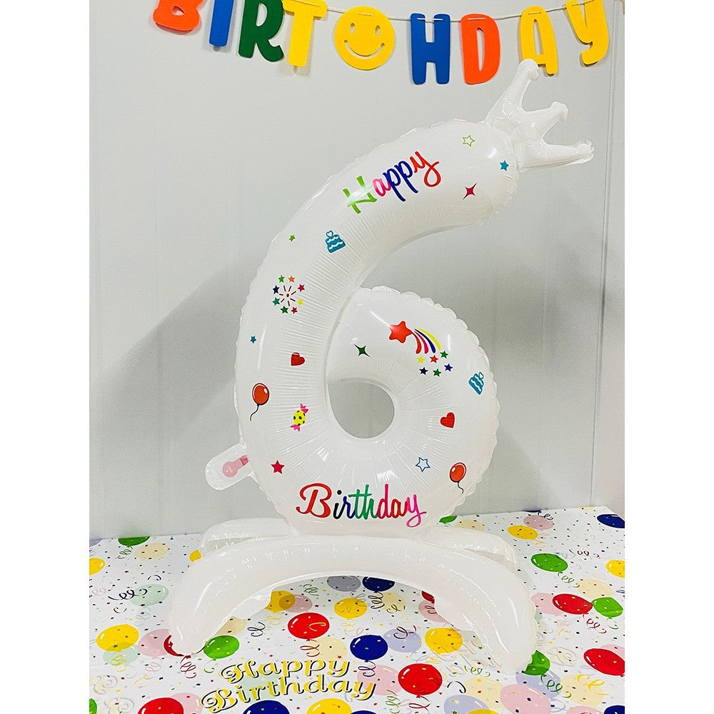 Balon din Folie Metalizata, Figurina Cifra 6 cu Mesaj Happy Birthday, Decoratiune Aniversare Party, Umflare Aer sau Heliu, Include Pai, 81 cm, Alb