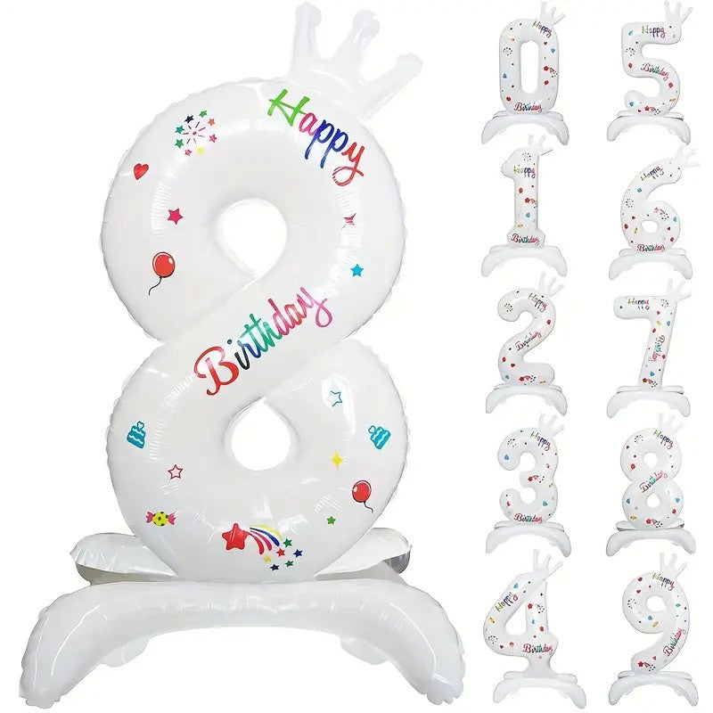 Balon Aniversar Cifra 8 cu Mesaj Happy Birthday, Figurina din Folie Metalizata, Umflare Aer sau Heliu, Include Pai, 81 cm, Alb