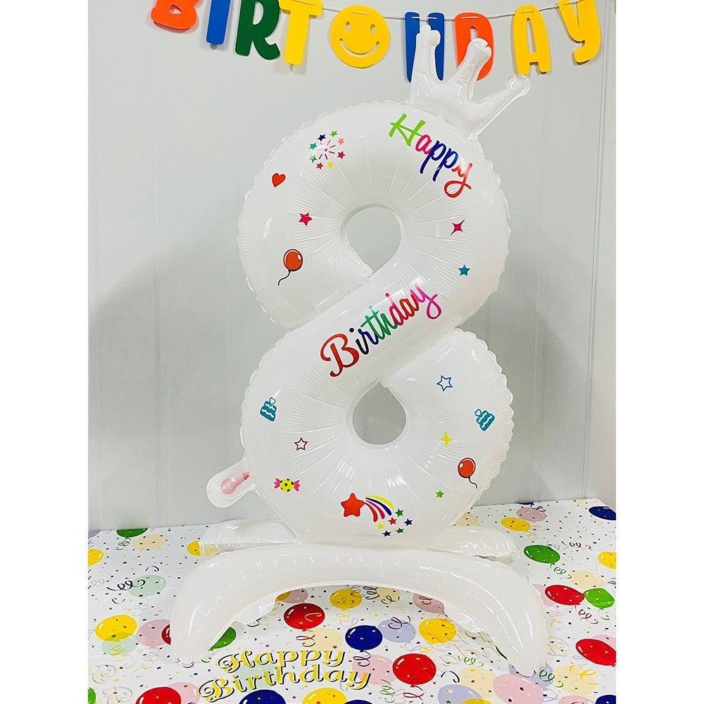 Balon Aniversar Cifra 8 cu Mesaj Happy Birthday, Figurina din Folie Metalizata, Umflare Aer sau Heliu, Include Pai, 81 cm, Alb