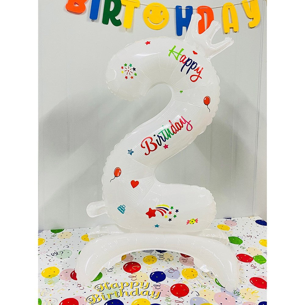 Balon Aniversar Cifra 2 din Folie Metalizata, Mesaj Happy Birthday, Petrecere Aniversare, Umflare Aer sau Heliu, 81 cm, Alb