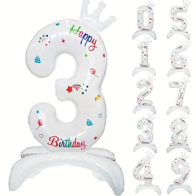 Balon Aniversar Cifra 3, Mesaj Happy Birthday, Folie Metalizata, Umflare Aer sau Heliu, 81 cm, Alb