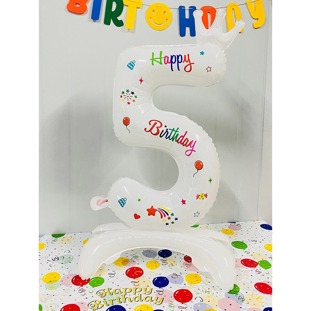 Balon Aniversar Cifra 5, Mesaj Happy Birthday, Folie Metalizata, Umflare Aer sau Heliu, Inclus Pai, 81 cm, Alb
