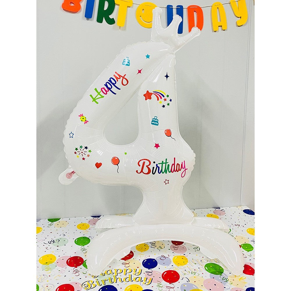 Balon Aniversar Cifra 4 din Folie Metalizata, Mesaj Happy Birthday, Figurina Gigant, Umflare Aer sau Heliu, 81 cm, Alb