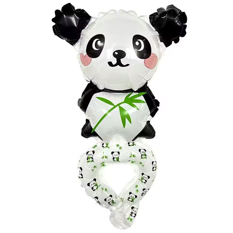 Balon din Folie Metalizată, Figurină Animăluț Tip Brățară, Model Panda, Auto-Închidere, Include Pai pentru Umflare, Alb și Negru