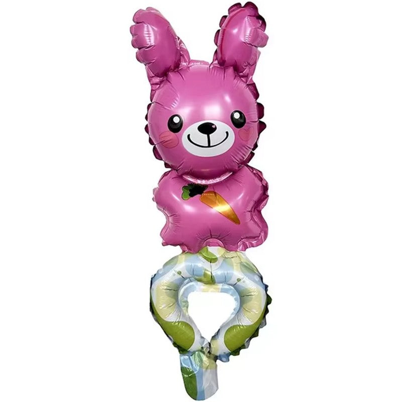 Balon din Folie Metalizată, Figurină Animăluț Tip Brățară, Model Iepuraș, Umflare Aer sau Heliu, Ambalaj Individual cu Pai Inclus, Roz