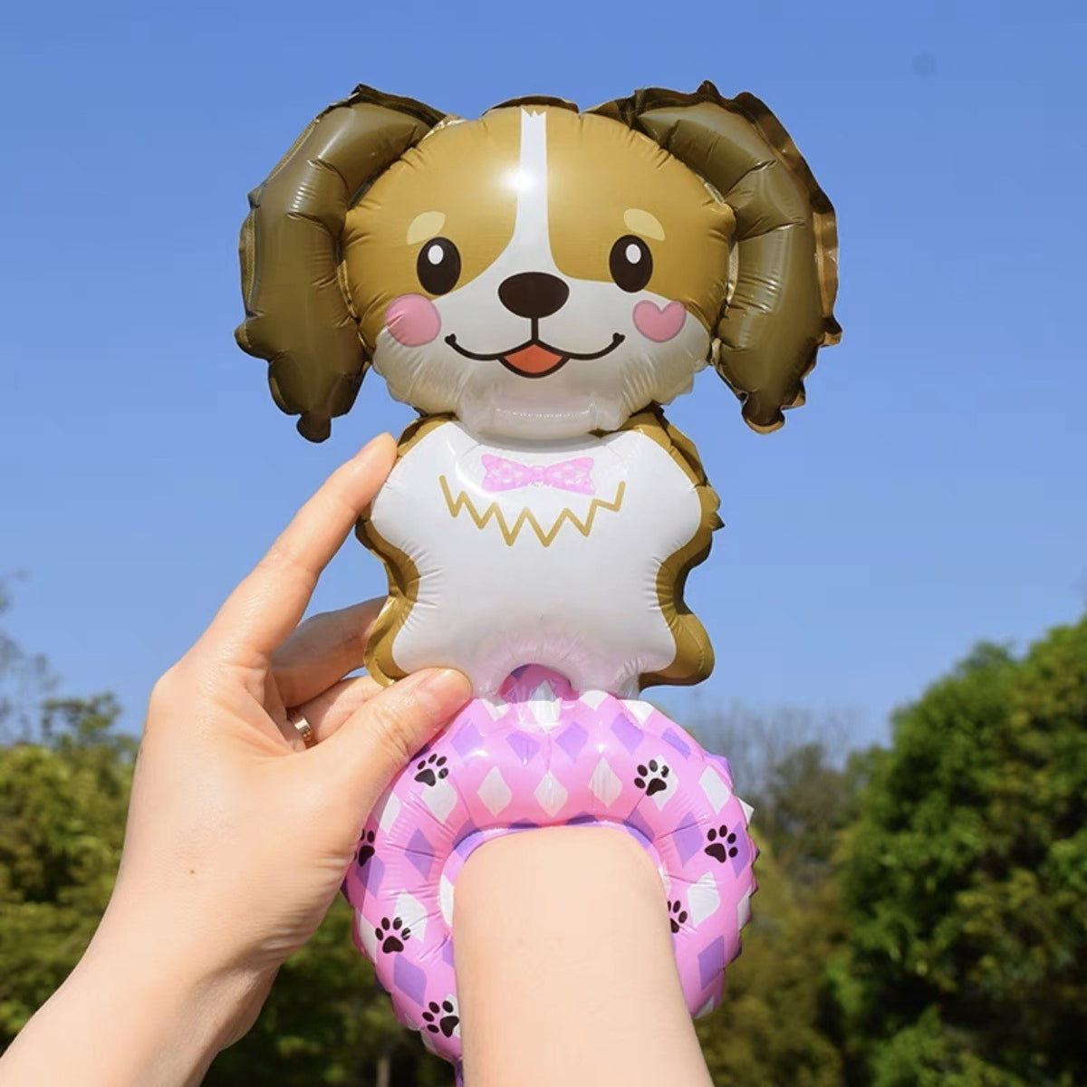 Balon din Folie Metalizată, Figurină Animal Model Câine, Tip Brățară de Mână, Auto-închidere, Include Pai, Maro, 1 Bucată