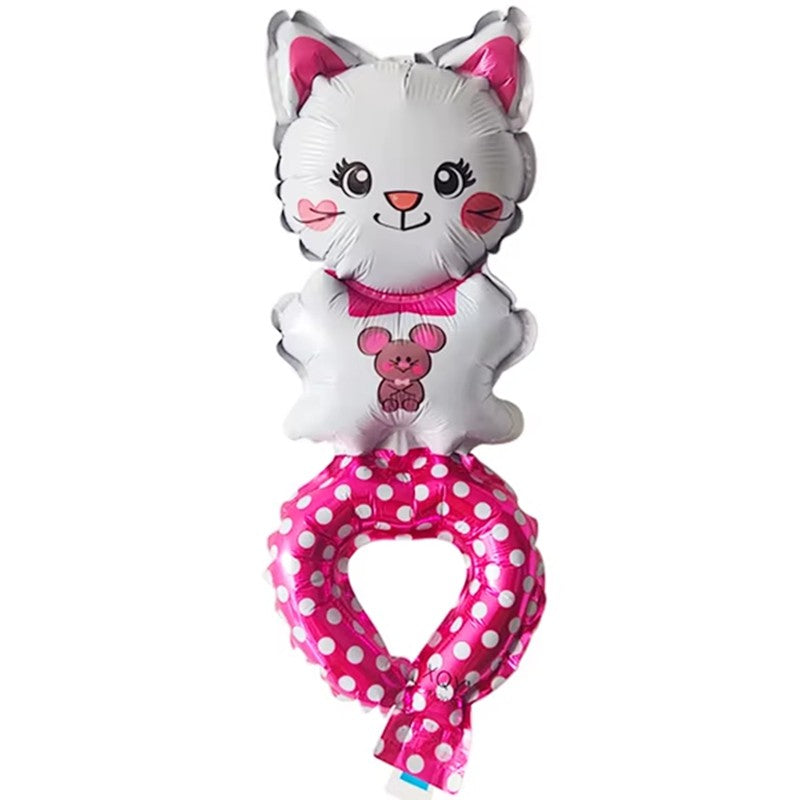 Balon din Folie Metalizată, Figurină Animăluțe Tip Brățară, Model Pisică, Umflare Aer sau Heliu, Accesoriu Party, Include Pai, Alb