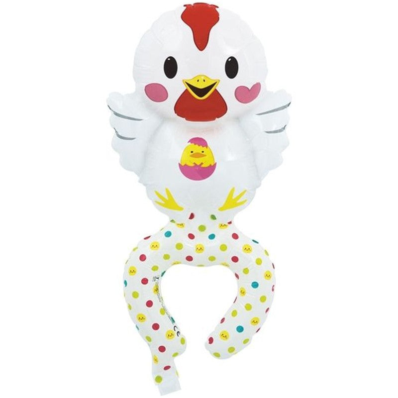 Balon din Folie Metalizată, Figurină Animale Tip Brățară, Model Găină, Include Pai de Umflare, Alb, 1 Bucată