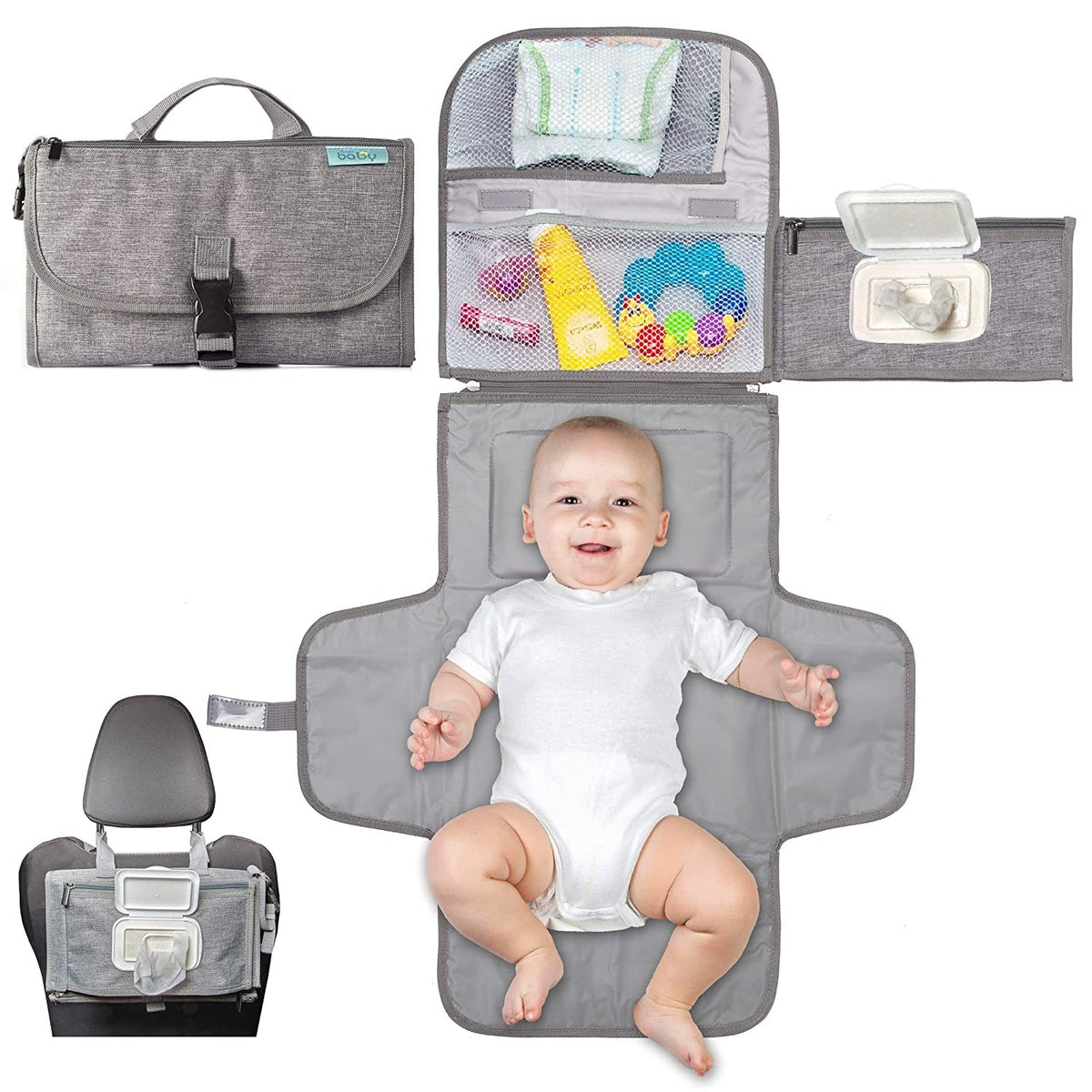 Geanta Multifunctionala si Aleza de Schimbat Scutece Portabila, Impermeabila cu Buzunare si Sistem de Agatare, Panza Oxford 300D, 30 x 20 cm, Gri