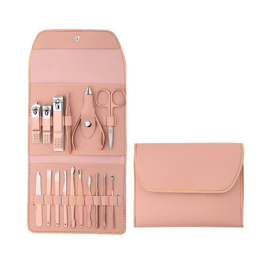 Set Manichiura si Pedichiura Complet, Trusa Ingrijire Faciala 16 in 1, Otel Carbon, Etui Organizator Piele Ecologica, Roz