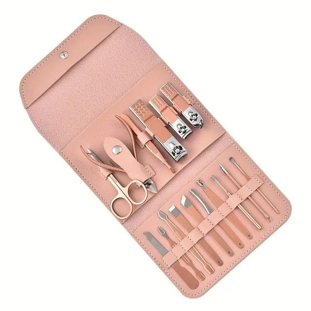 Set Manichiura si Pedichiura Complet, Trusa Ingrijire Faciala 16 in 1, Otel Carbon, Etui Organizator Piele Ecologica, Roz
