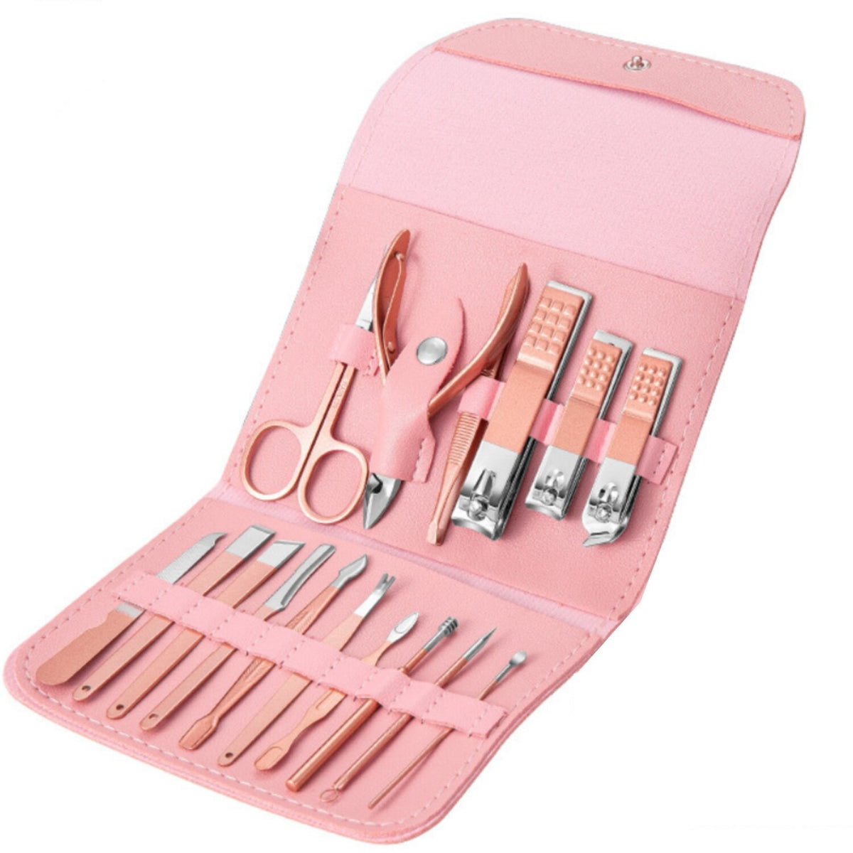 Set Manichiura si Pedichiura Complet, Trusa Ingrijire Faciala 16 in 1, Otel Carbon, Etui Organizator Piele Ecologica, Roz