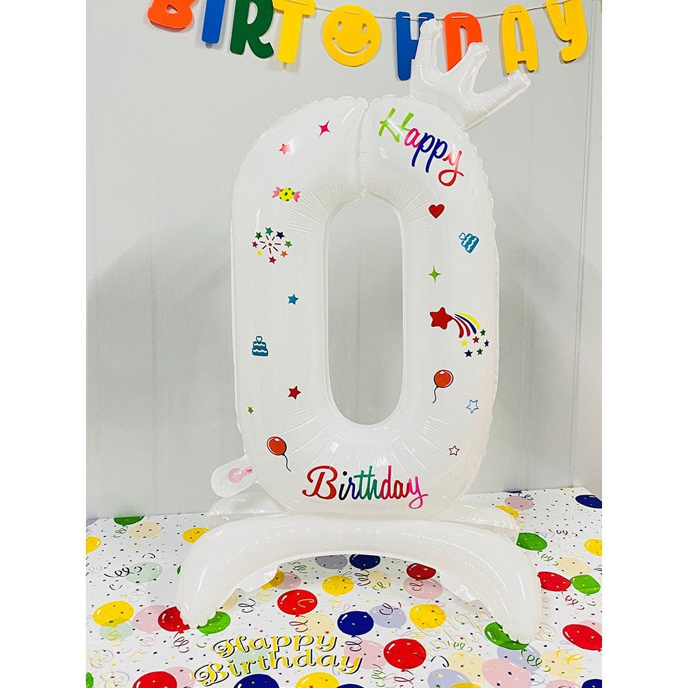 Balon din Folie Metalizata Cifra 0, Imprimeu Happy Birthday, Umflare Aer sau Heliu, Inaltime 81 cm, Alb