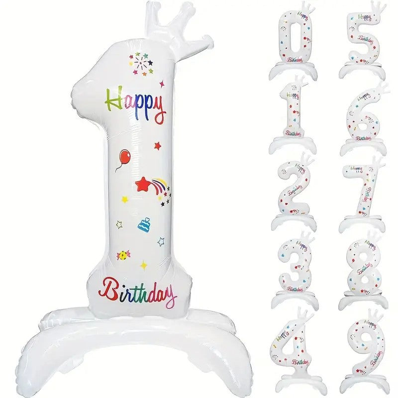 Balon Aniversar Cifra 1, Imprimeu Happy Birthday, Folie Metalizata, Umflare Aer sau Heliu, Inaltime 81 cm, Alb