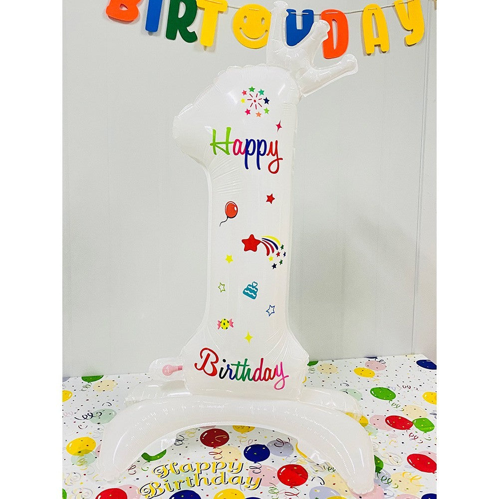 Balon Aniversar Cifra 1, Imprimeu Happy Birthday, Folie Metalizata, Umflare Aer sau Heliu, Inaltime 81 cm, Alb