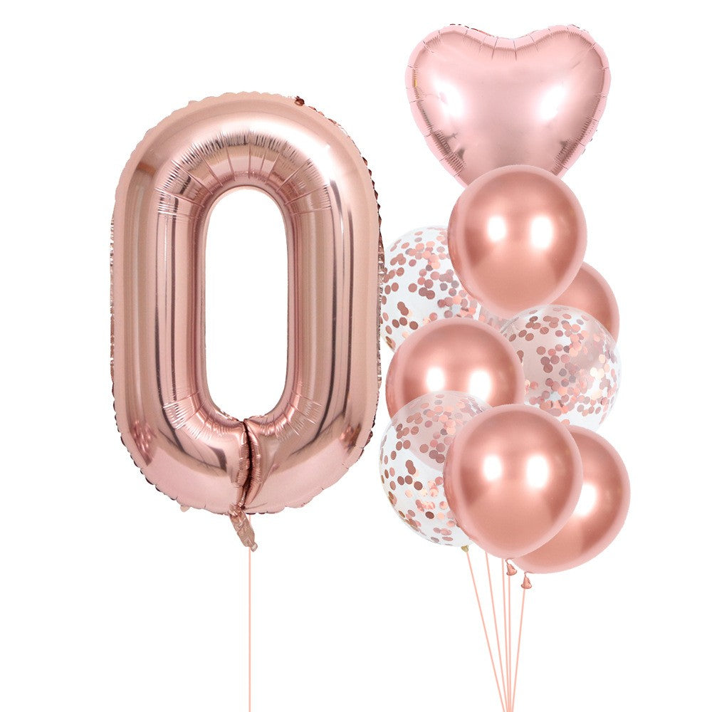 Set 10 Baloane Aniversare, Cifra 0 Gigant 81 cm, Inima Folie 45 cm si Latex 25 cm, Umflare Aer sau Heliu, Roz Pal