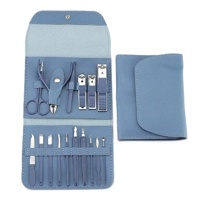 Set Manichiura si Pedichiura Complet, 16 Piese pentru Ingrijire Faciala si Unghii, Otel Carbon, Geanta Organizatoare Piele Ecologica, Albastru
