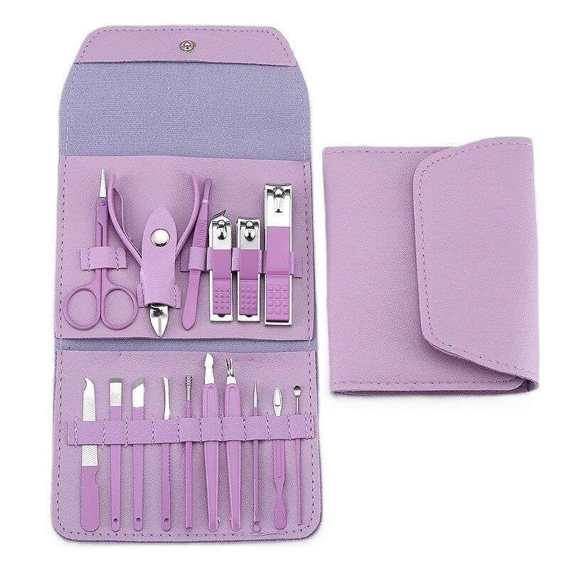 Set Manichiura si Pedichiura Profesionist, Kit Ingrijire Faciala 16 Piese, Otel Carbon, Etui Piele Ecologica, Mov